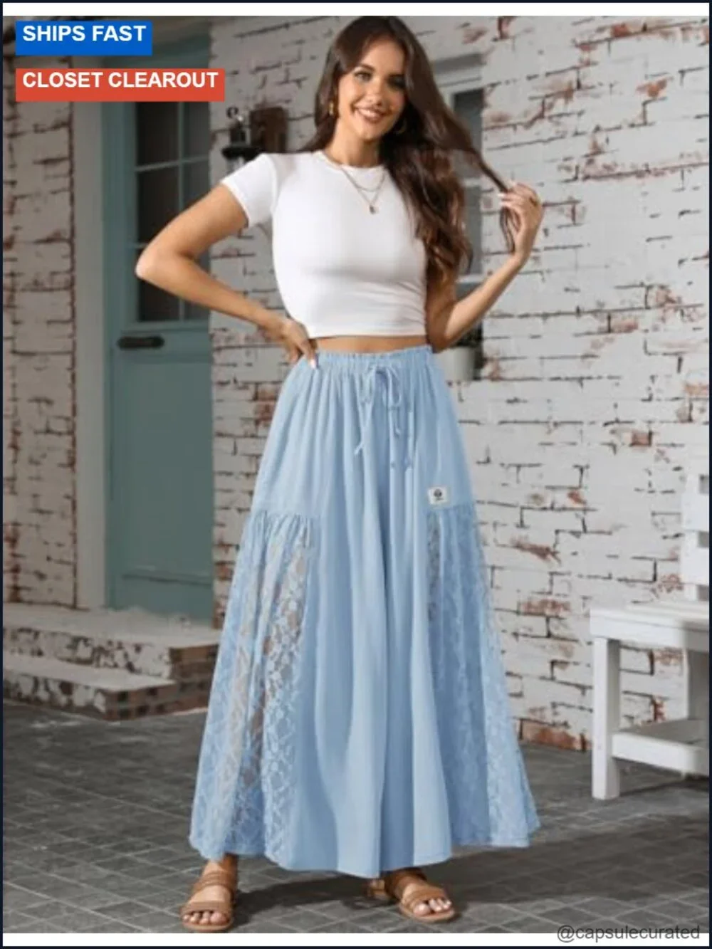Linen Wide Leg Pants Lace Patchwork Boho Elastic Waist Palazzo Pockets